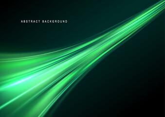 Sticker - Green glowing shiny lines effect vector background. Luminous white lines of speed. Light glowing effect. Light trail wave, fire path trace line and incandescence curve twirl.