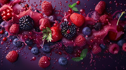 Vivid berries splashing in a liquid swirl of rich berry tones. Artistic fruit composition with drops and splashes on a purple background. Design for gourmet food poster or vibrant wallpaper.