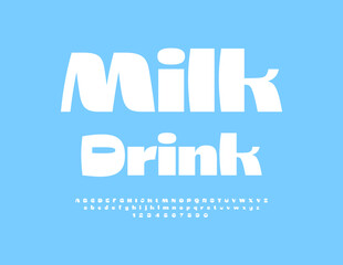 Wall Mural - Vector advertising label Milk Drink. Trendy White Font. Modern Alphabet Letters and Numbers.