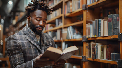 Poster - man reading book in library