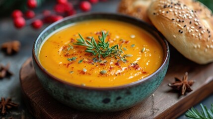 Poster - Pumpkin soup in ceramic bowl with seeds and bread. Autumn cuisine concept.