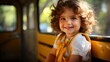 Adorable smiling little school girl getting ready to board school bus for back-to-school season