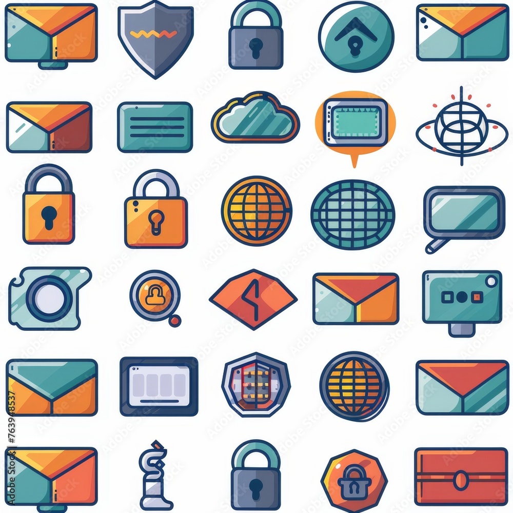 Set of flat design icons representing cybersecurity and digital data concepts, perfect for digital platforms and educational purposes