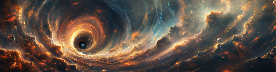 Wall Mural - panorama with a black hole, a supernova and a wormhole in galaxy in space in universe