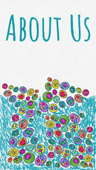 Wall Mural - About Us Colorful Teal Bubbles Bottom Texture Text Vertical 