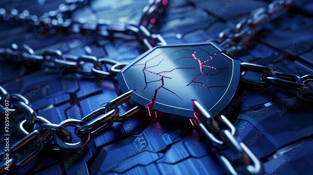 Cybersecurity data breach protection concept, featuring a shield with a cracks, symbolizing vulnerability, held together by chains.