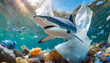 Symbolik, Müllproblem, Plastikmüll treibt im Meer und gefährdet Tiere, Hai, KI-generiert