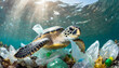 Symbolik, Müllproblem, Plastikmüll treibt im Meer und gefährdet Tiere, Meeresschildkröte, KI-generiert