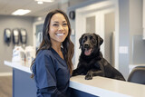 Fototapeta Panele - Smiling woman with black dog at reception desk