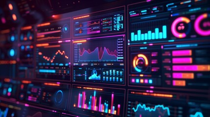 Computer monitor displaying an abstract network monitoring dashboard with real-time data analytics, graphs, and system health indicators.