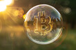 Bitcoin symbol in a transparent bubble against a sunset background
