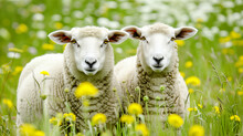 草原にいる2頭の羊。背景、壁紙
