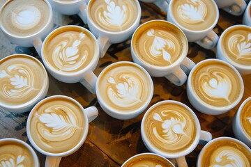 Poster - overhead view of coffee cups ready for latte art