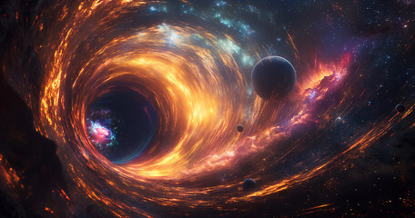 Wall Mural - fantastic colorful black hole, supernova and wormhole with planets in space