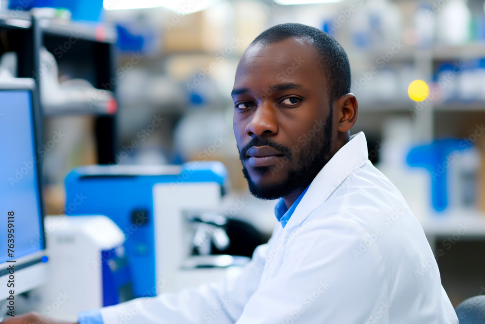 African American pharmaceutical male scientist using computer while ...