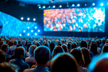 Back view of audience in the conference hall or seminar meeting with large media screen showing video presentation, business and education concept