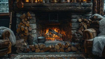 Canvas Print - A cozy fireplace in a cabin interior