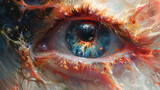 Fototapeta Londyn - Close Up Eye Reflection View of the Universe, Abstract Digital Conceptual Art, Window to the Soul, Spirituality, Psychology, Surreal Artwork Mysteries of Dreams, Imagination, Cosmic, Depth of Mind.