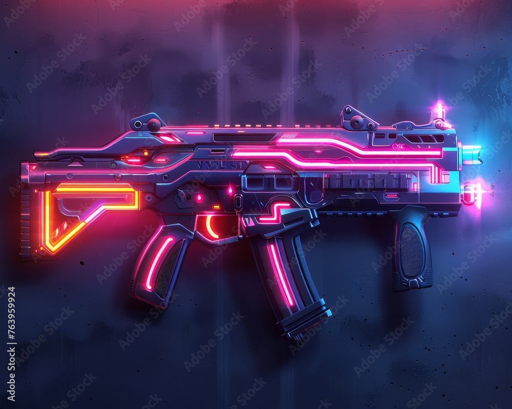Futureistic Neon Rifle a vibrant neon weapon design for gaming, presenting a Cyberpunk ...