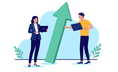 Aufkleber - Businesspeople and green arrow - Professional man and woman standing with laptop computers and big arrow pointing up towards growth and success. Flat design vector illustration with white background