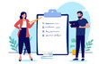 People and clipboard - Man and woman standing in front of numbered list taking notes and presenting business plan. Flat design vector illustration with white background