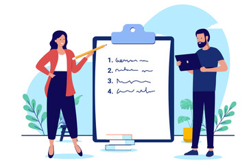 Aufkleber - People and clipboard - Man and woman standing in front of numbered list taking notes and presenting business plan. Flat design vector illustration with white background
