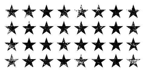 Vintage stars with cracks and stains. Old hand-drawn sign, black simple shape. Retro design element with distressed effect, grunge texture. Vector illustration