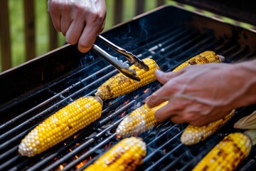 Canvas Print - hands using tongs to rotate corn cobs on an outdoor grill