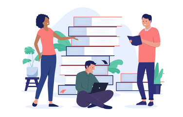 Leinwandbilder - People and books - Team of three diverse student people using computer and reading book. Education and studying concept in flat design vector illustration with white background