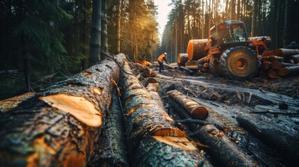 loggers at work in the forest, cutting down trees and stacking the logs