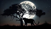 Panther Silhouette Against The Background Of The Big Moon In Africa