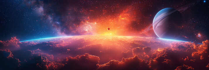 Wall Mural - panorama of fantastic multicolored outer space with stars, constellations, galaxies, planets