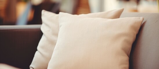 Poster - Two white pillows are elegantly placed on a couch, adding a touch of fashion design to the room. The peachcolored sleeves and fur flooring complement the formal wear and fashion accessories