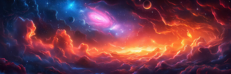 Wall Mural - fantastic colorful panorama of outer space with stars, galaxies, constellations, planets in universe