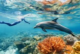 Fototapeta Do akwarium - person snorkeling above a dolphin passing by coral reefs