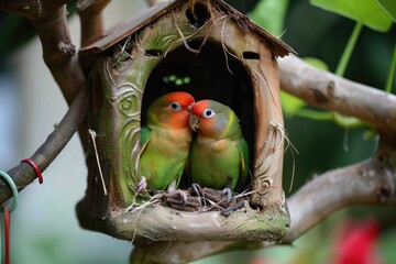 A pair of lovebirds nesting together in a beautifully decorated birdhouse