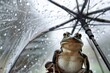 a frog sitting under a clear umbrella, raindrops visible