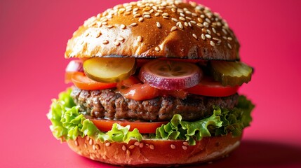 Juicy hamburger with fresh lettuce, tomato and pickles on vibrant background