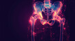 Abstract digital illustration of human pelvis bones in red and purple hues within a network design,ai generated