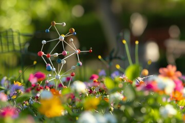 Canvas Print - a molecular sculpture standing in a blooming flowerbed