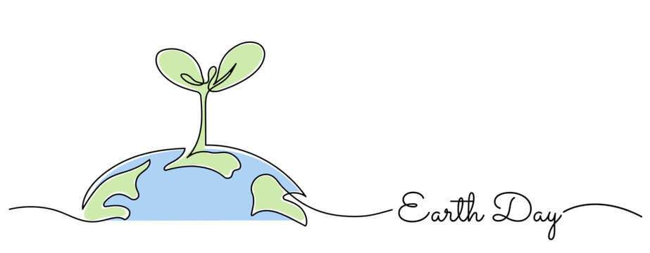 Earth Day one line art drawing with handwritten style text. Environment concept Green sprout growing on blue planet abstract minimal vector illustration.