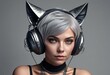 Portrait of a beautiful girl with silver hair and headphones on grey background