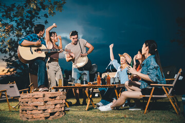 summer party camping of friends group with guitar music, happy young woman and smiling man having fun in vacation holiday, nature outdoors travel of friendship lifestyle together, bar-b-q party time