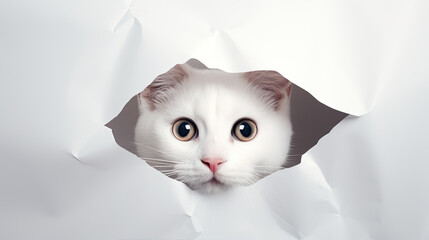 Sticker - Portrait of a surprised cat looking out of a hole in white paper.