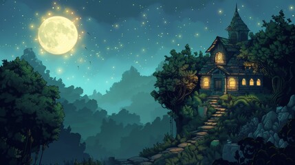 Poster - a house on a hill with trees and a moon