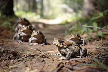 Poster - group of toads hopping across a forest trail