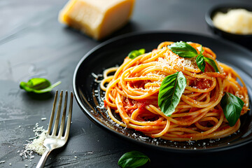 Wall Mural - A plate of spaghetti with tomato sauce and basil. A fork on the plate. The plate is sitting on a black table.