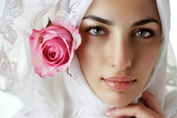 Muslim woman holding a rose, concept of Eid-al-Adha, the feast of sacrifice.