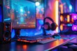 Room with gaming computer with neon lights, gamer setup, gaming room, gaming concept.