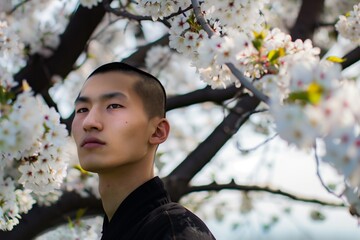 Canvas Print - shaolin with a contemplative gaze standing under a blossoming cherry tree